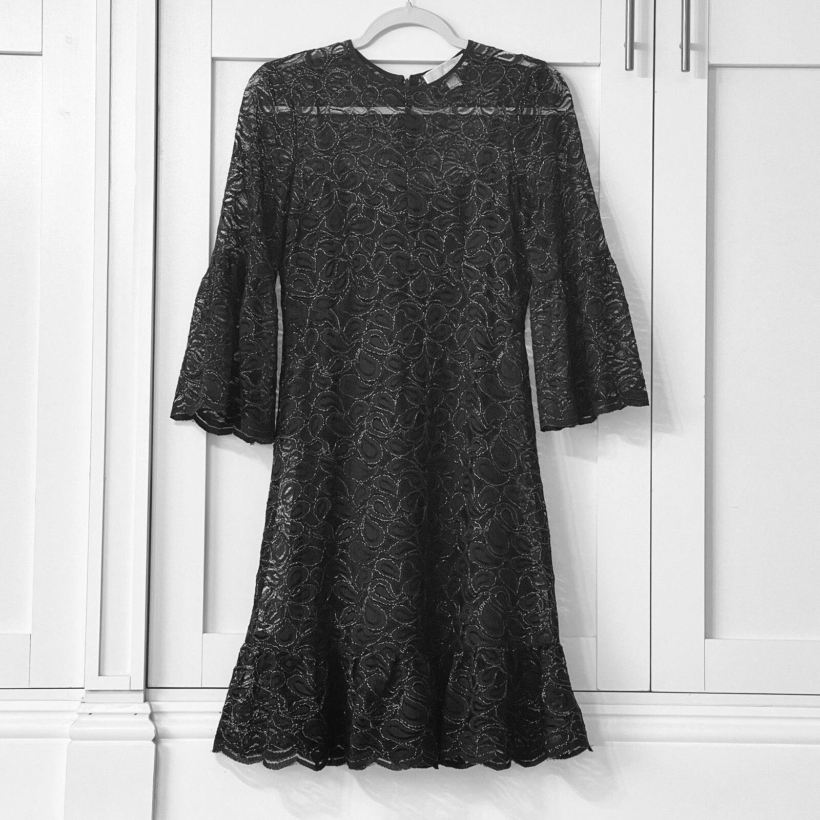 Abito donna Michael Kors pizzo taglia XS maniche a campana nero argento metallizzato nuovo