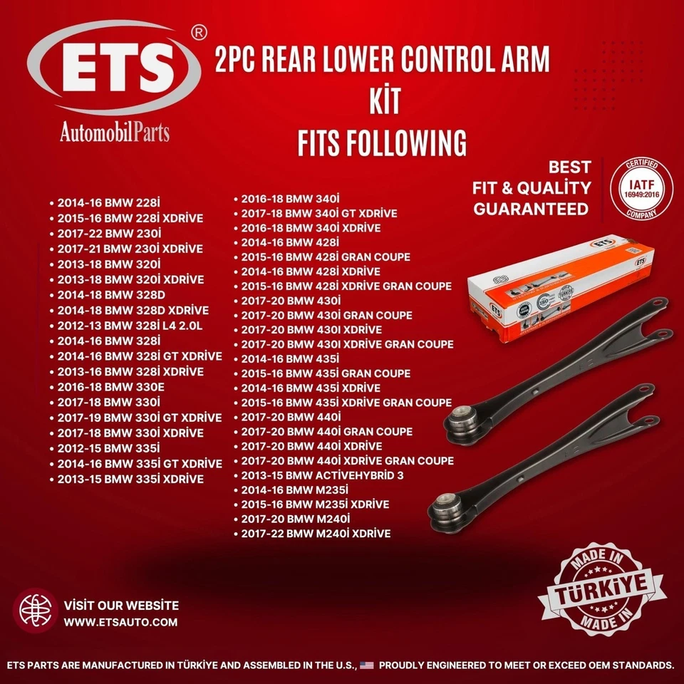 Kit de brazo de control de arrastre inferior trasero ETS 2 piezas RK642849 para BMW 328i 328d 12-18 Foto 2 de 4