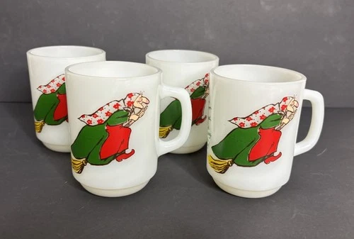 4 Anchor Hocking Kitchen Witch Milk Glass Coffee Cup D Handle Norwegian Vintage