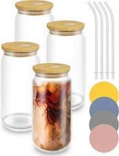 Set of 4 Glass Beer Can Shaped Cups with Bamboo Lids & Glass Straws – 16 ozs