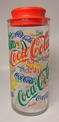 Vintage Coca Cola Glass Jar/Container w/Plastic Red Lid Multicolor 8.5'' Tall @@