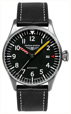 Bauhaus Herren Aviation Automatikuhr, 40mm, schwarzes Ziffernblatt, Lederarmband