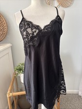 Victoria's Secret Lingerie Slip Dress Black Satin Lace Trim Side Slit Large L
