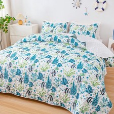 Coastal King Quilt Set Reversible Beach Ocean Theme Bedspread Summer Coverlet