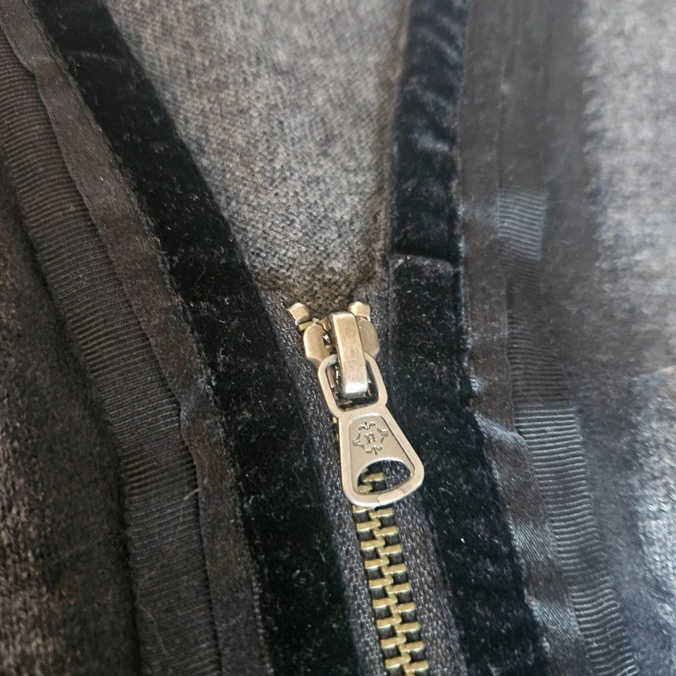 Nanette Lepore M 100% Merino Wool Velvet Ribbon Zip Up Cardigan Pockets Grey - Image 4 of 4