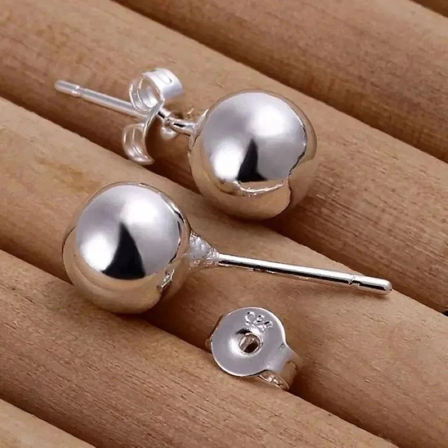 Hot New 925 Sterling Solid Silver Jewelry 8mm Ball Stud Earrings For Women WE73
