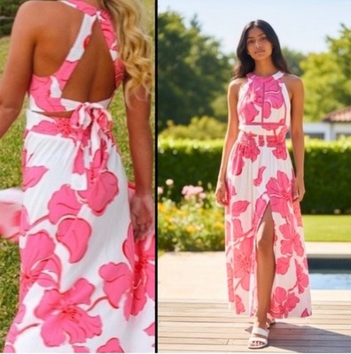 Abel The Label Paloma Pink /White  Floral Long Back Tie Dress- Sz-M~Beautiful~