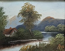 DERWENTWATER Lakes District - Edwardian Oil Painting of Cottage on the Lake