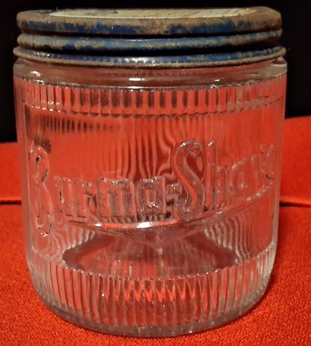 Vintage BURMA SHAVE Glass Jar with Lid; Embossed Half Pound Burma Vita Co. USA