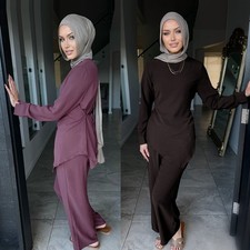 Muslim Women Tops Pants Set Dubai Abaya Dress Turkey Tracksuit Outfit Kaftan New
