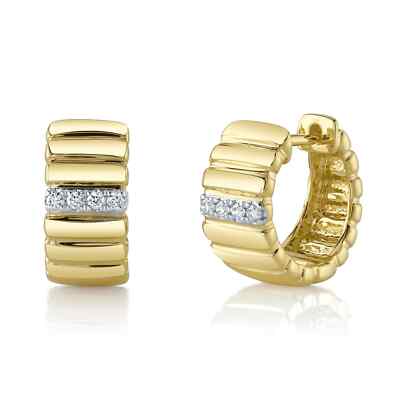 14K Gelbgold Diamant breite Huggie Ohrringe geriffelt Rundschliff natürlich 0,09 ct