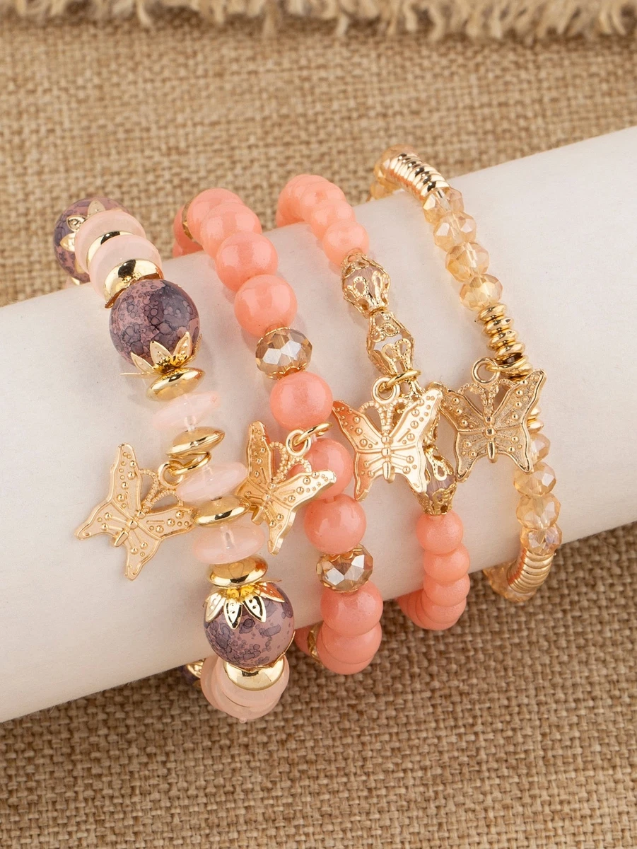 4pcs set Butterfly Charm Peach Gold Color Beaded Bracelet Women