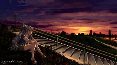 Anime sky long hair clouds sunlight sitting girls women Playmat Gaming Mat Desk