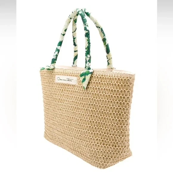 Oscar de La Renta Bolso de Paja Shopper Bolso de Playa Floral Bufanda Mango Nuevo con Etiquetas Foto 2 de 4