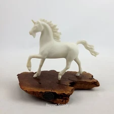 1987 John Perry White Unicorn Sculpture on Natural Form Wood Base Vintage 