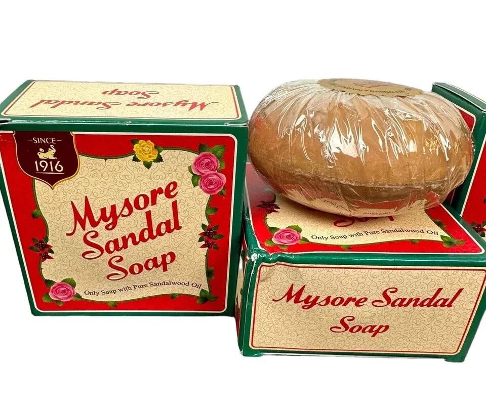 Jabón Sandalia Mysore 450 gm Aceite Herbal Natural de Sándalo Desde 1961 Paquete de 150 g X 3 Foto 2 de 4