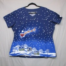UA Scrubs Santa Clause Sleigh Blue Women Size  L