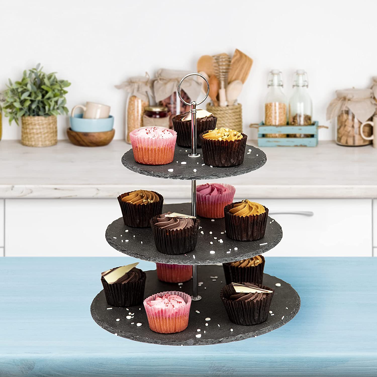 Homiu 3 Tier Cake Stand 100% Natural Slate for Sandwiches Cupcakes Display