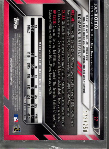 A0015- 2016 Bowman Purple #27 Joey Votto /250 - NM-MT - Picture 2 of 2