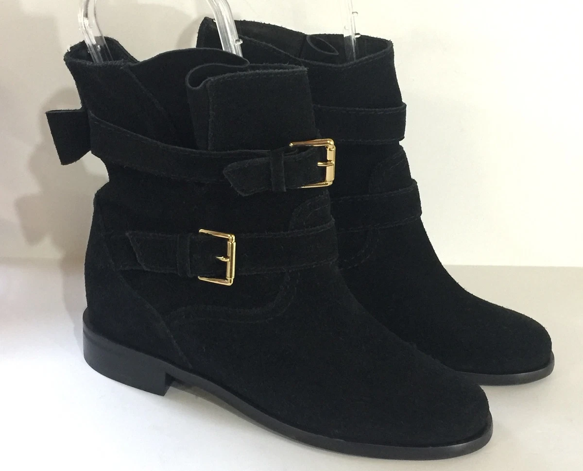 New Kate Spade Sabina Bootie Bow Black Suede Leather Moto Ankle Boots Sz 5.5