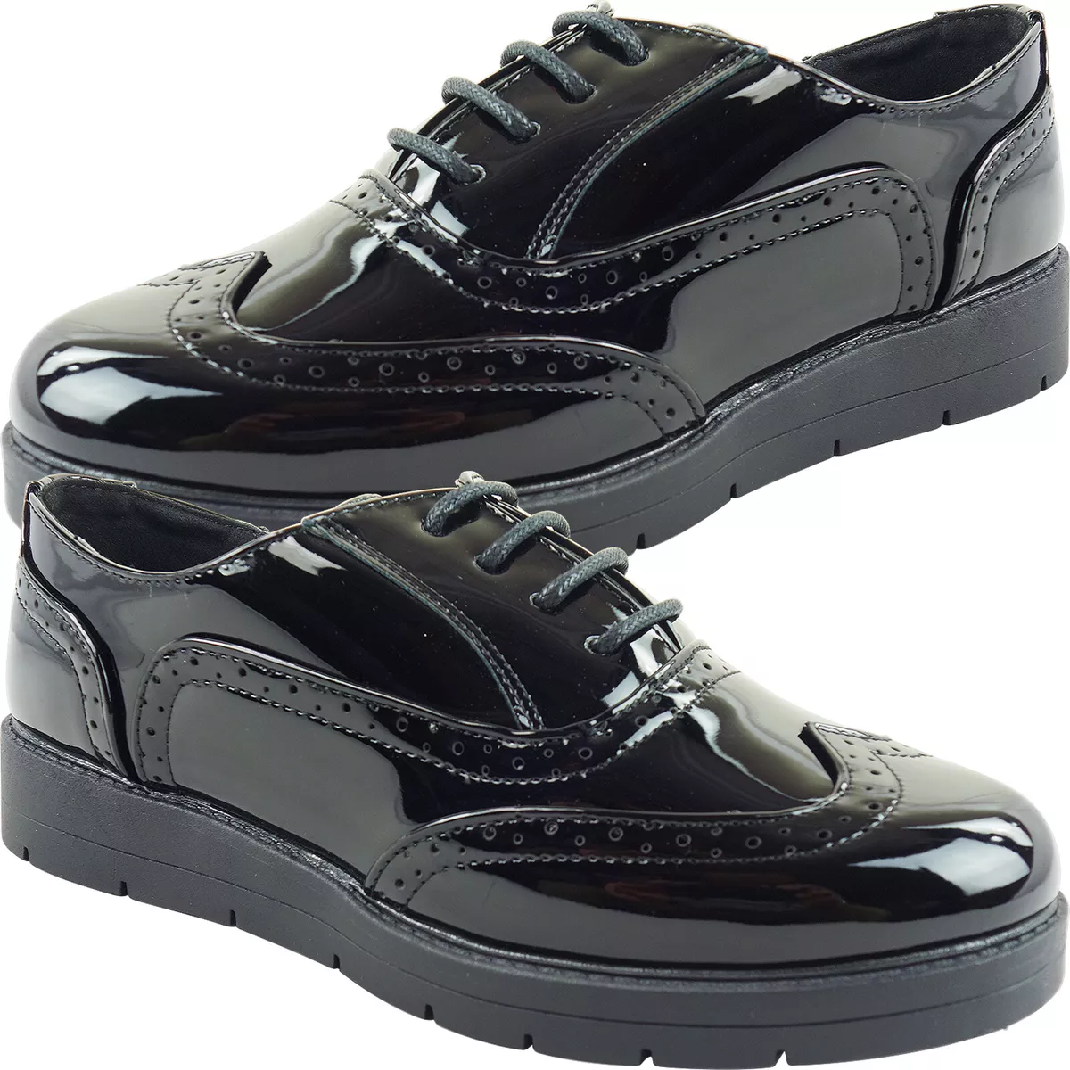 NEW LADIES GIRLS FLAT LOW WEDGE LACE UP BROGUE SCHOOL WORK SHOES CASUAL SIZE