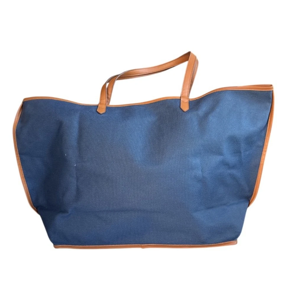 "Bolso de Mano Grande Stella & Dot Elegante Lona Azul y Tostado 23""x13""x7""" Foto 2 de 4