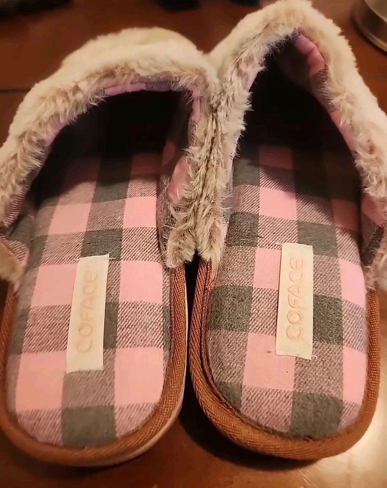 Zapatillas para mujer Coface rosa/gris a cuadros talla 11 usadas ajuste extra ancho. Fuzzy Foto 4 de 4