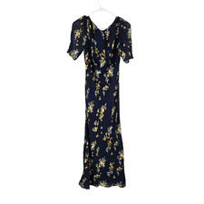 Reformation Ozzy Dress Navy Blue Floral Print Boat Neck Short Sleeve Midi Size 2