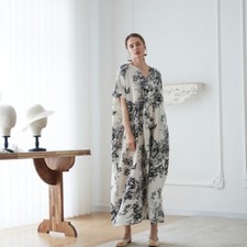 Women Temperament Retro Printing Robe Loose Super Long Large Size Vacation Dress