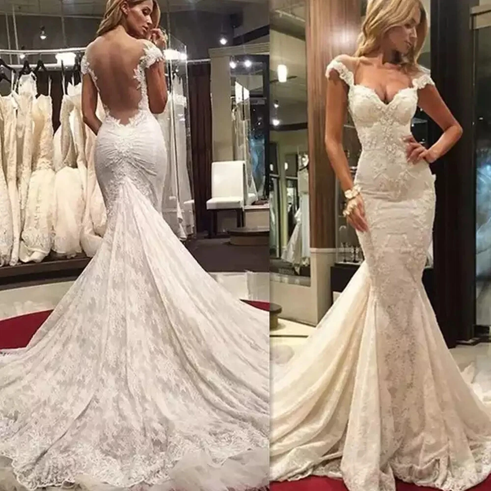 Mermaid Full Lace Wedding Dresses Cap Sleeves Backless Sweep Train