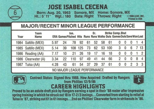 Donruss The Rookies #6 1988 José Cecena - Imagen 2 de 2