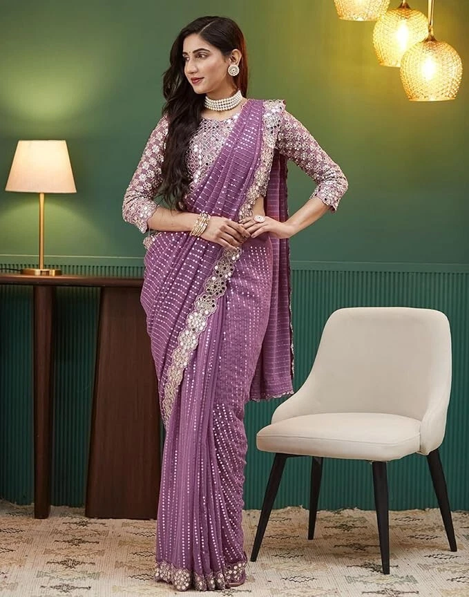 Sari Georgette para mujer con espejo de lentejuelas trabajo y blusa Foto 3 de 4