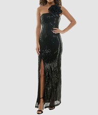 Violet Weekend Juniors' Womens Black Sequins Rosette One-Shoulder Dress Size 3-4