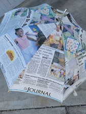 Vtg Newspaper Print Umbrella The Flint Journal 2000 Wooden Handle Large