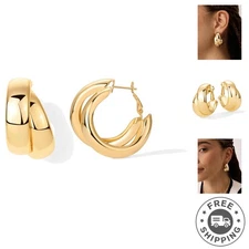 Elegant Sterling Silver and 14K Gold Plated Chunky Hoop Earrings for Women