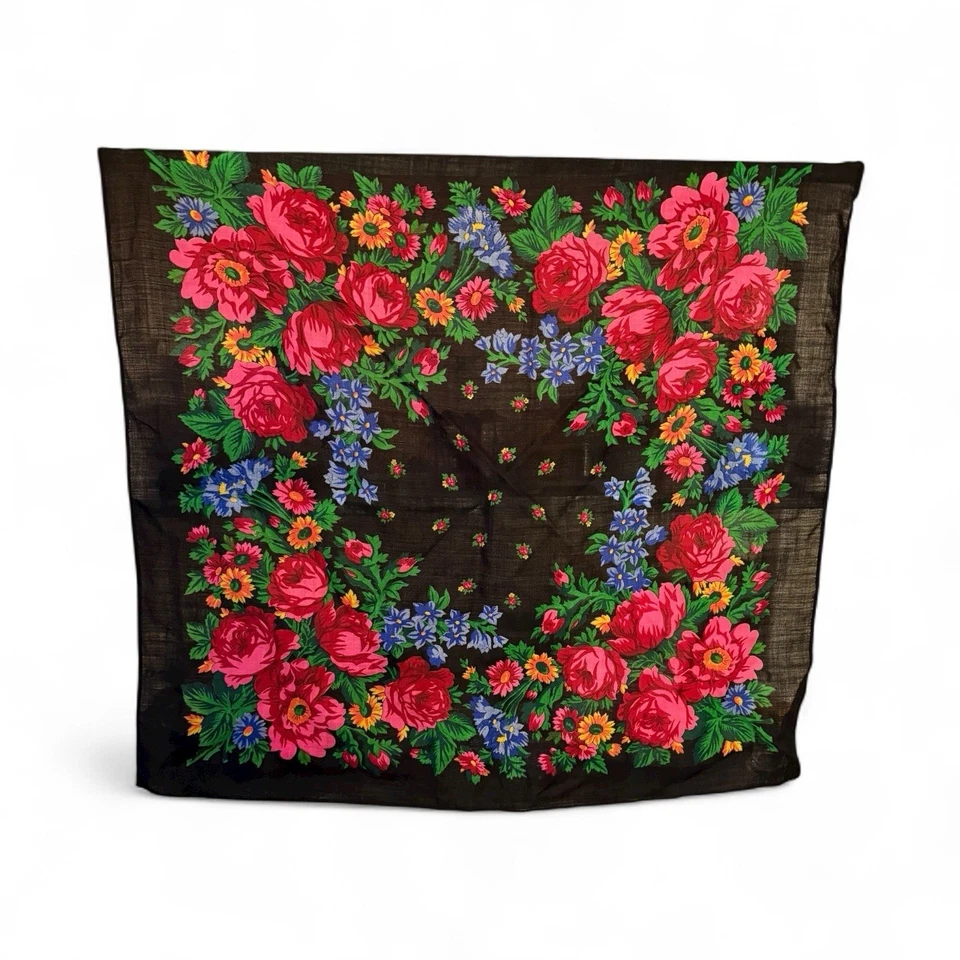 Bufanda de lana más suave floral brillante negra de colección hecha en Japón cuadrada grande Foto 4 de 4