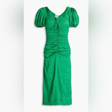 Ganni Ruched Crinkle Satin Midi Dress Green Puff Sleeve Size 2 NWT