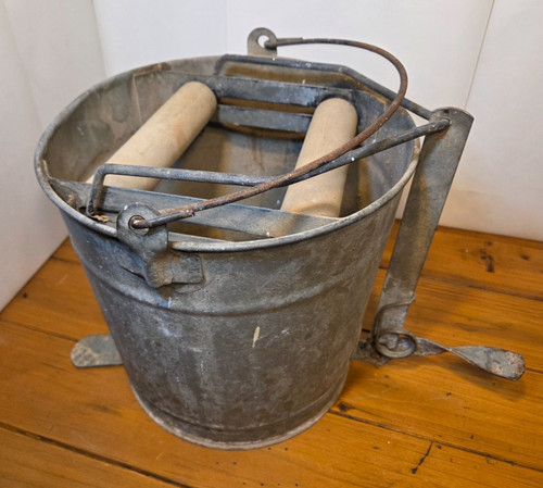 Vintage Mop Bucket Galvanized Steel Metal Wringer Pail Foot Pedal Wood Rollers