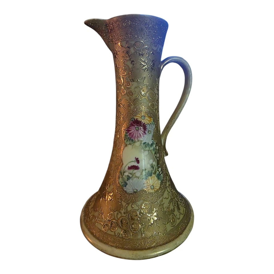 Jarrón antiguo japonés Moriage Ewer pintado a mano dorado con cuentas florales rosa Foto 3 de 4