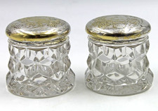Fostoria Crystal American Pattern Pair of Puff Box Jars with Silverplated Lids
