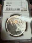 1923 $1 Silver Peace Dollar NGC MS64 Slab White Shine Excellent
