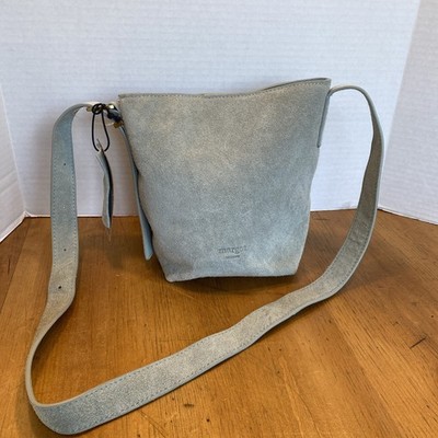New Margot New York Kaye Mini Bucket Suede Leather Crossbody Bag Gray Green  NWT