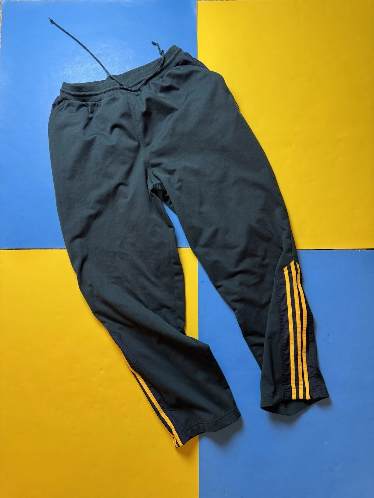 Vintage 90s Adidas Track Pants Men's Large Blue Yellow 3 Stripe Zip Drawstring