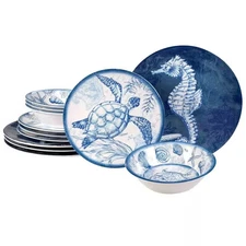 12-Piece Sea Shells Ocean Theme Dinnerware Set Blue White
