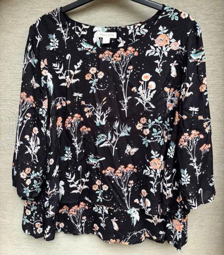 Monsoon Black Floral Bird Rabbit Butterfly Layered 3/4 Sleeve Ladies Top Size 16