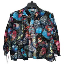 Vintage Chico's Silk Open Front Jacket Butterflies Cinch Tie Sleeves Size Large