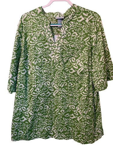 Liz & Me Size 1X Green White Ikat Beaded V-Neck 3/4 Sleeve Popover Tunic Top