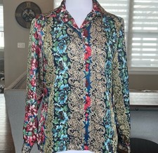VTG 80  s Notations Blouse Size 8 Button Up Colorful Satin Top Shirt Secretary