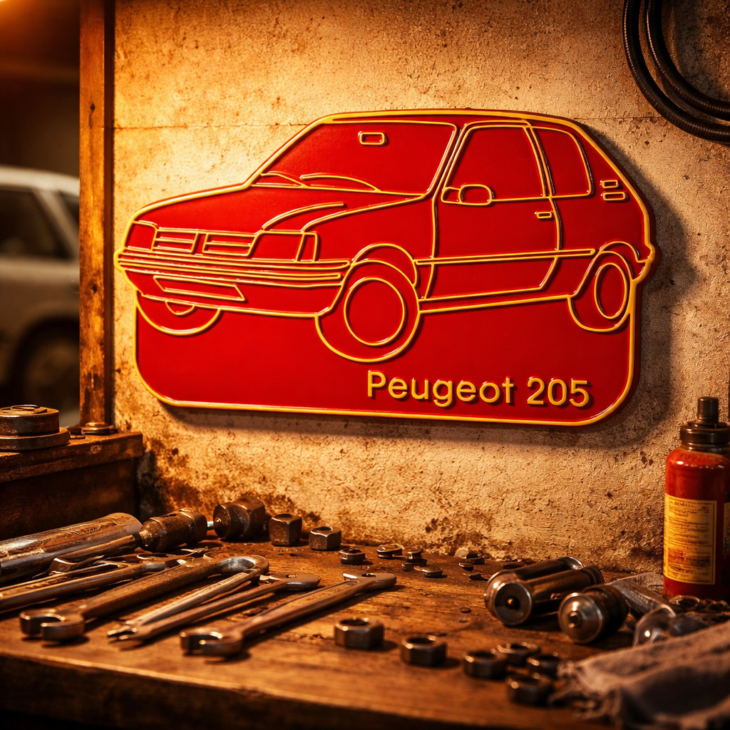 Peugeot 205 Youngtimer Déco : Plaque Signalétique en Métal pour Mur de Garage
