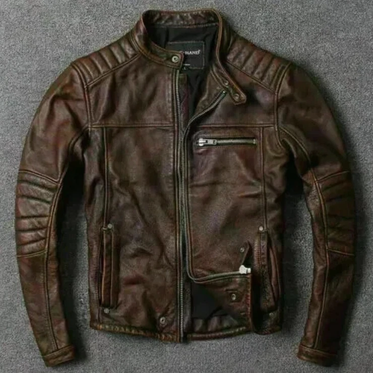 Men’s Motorcycle Biker Vintage Cafe Racer Distressed brown Real Leather Jacket